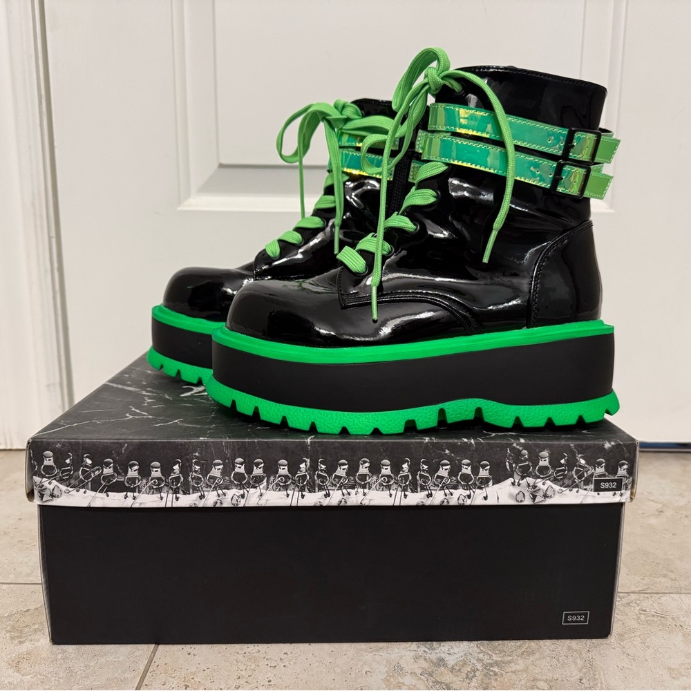 Demonia Iridescent Green and Black Platform Boots - Picture 2 of 7